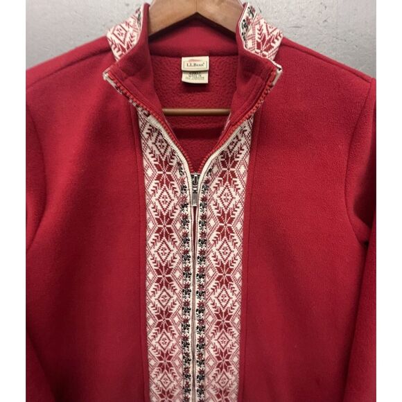 LL Bean Fleece Sweater Women M Red Nordic Fair Isle Full Zip Jacket Christmas - Picture 6 of 15